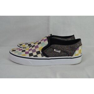 Vans Women's 6.5 Asher Glitter Checkerboard Skater Slip On Sneaker